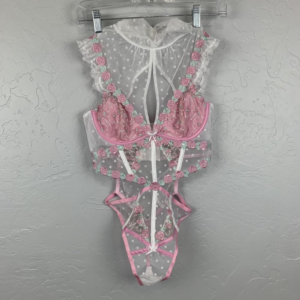 For Love & Lemons Pointelle Roses Teddy Size Small Pink White Sheer Mesh Floral